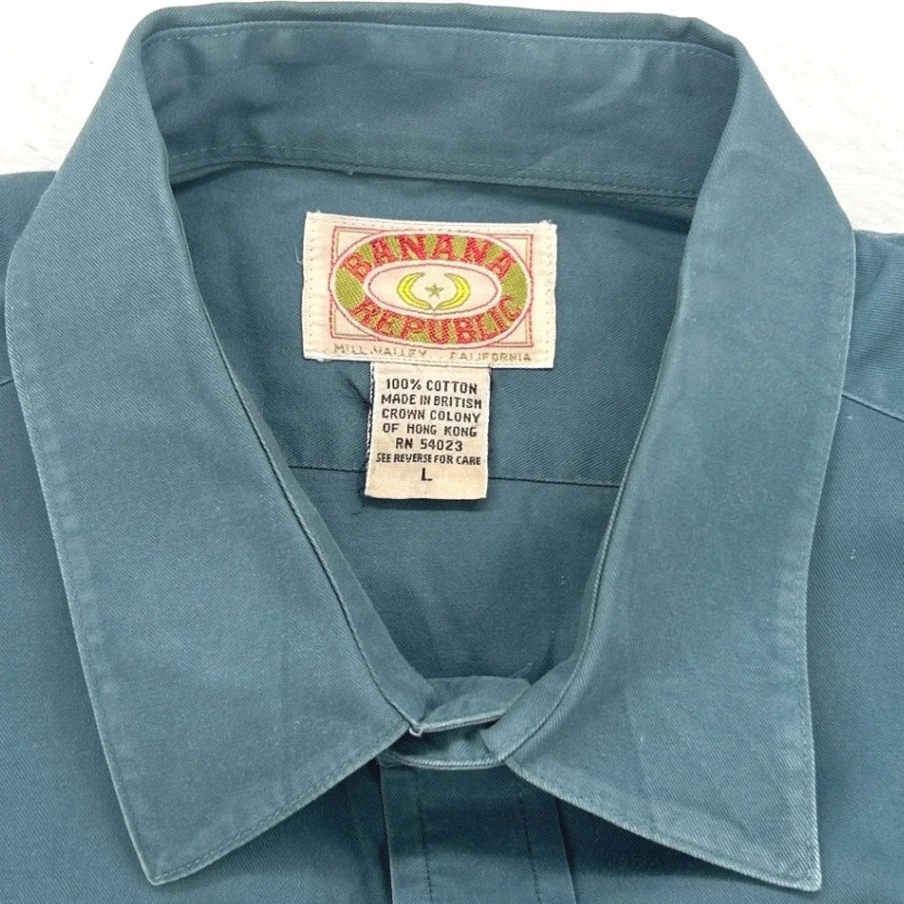 VTG Banana Republic Safari Mill Valley Mens Large Button Down Shirt Teal Green